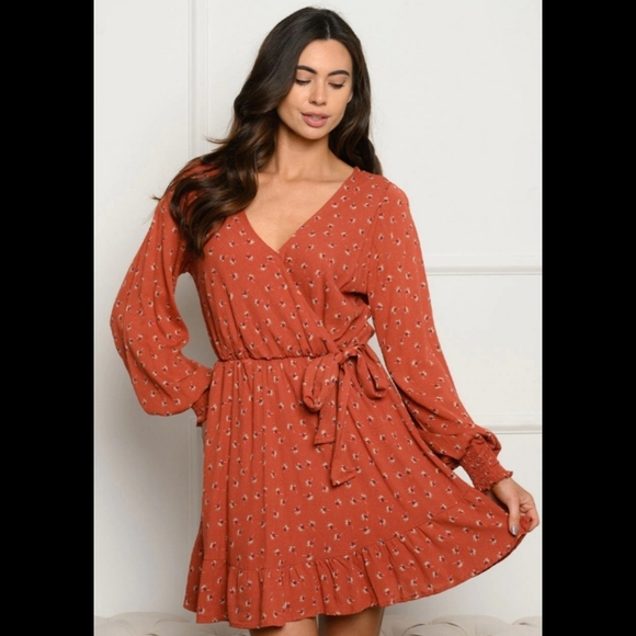 9. Orange ditsy floral v-neck surplice wrap waist smocked long sleeve dress - Picture 2 of 7